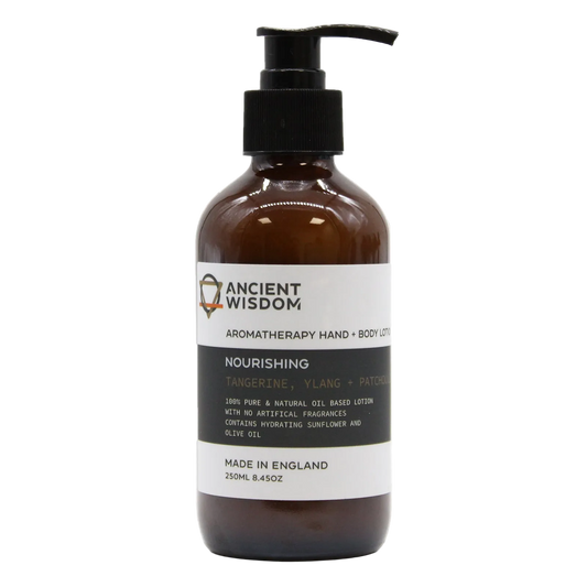 Aromaterapinis rankų ir kūno losjonas – „Maitinantis“ (Mandarinas, Kvapioji Kananga, Pačiulis)